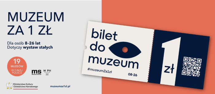 Grafika przedstawia plakat informujący o akcji „Muzeum za 1 zł”, zorganizowanej przez Ministerstwo Kultury i Dziedzictwa Narodowego.