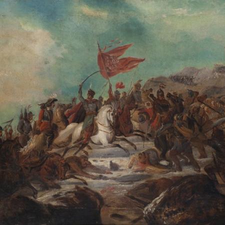 Armia na polu bitwy konno przemieszcza się w górę. Przywódca wskazuje szablą   w   górę,   obok   niego   powiewa   czerwona,   poszarpana   flaga, prawdopodobnie z orłem