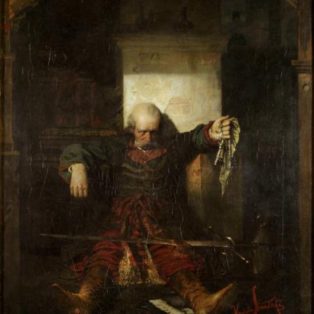 Starszy,   osłabiony   mężczyzna   opiera   się   o   ścianę.   Na   jego   nogach   leży duży miecz. W lewej ręce trzyma on klucze.