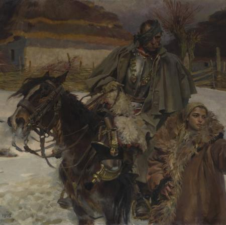 Mężczyzna   z   przepaską   na   dłoni   siedzi   na   koniu.   Dziewczyna   w   futrze wskazuje   mu   palcem   drogę.   W   tle   znajduje   się   dom,   ziemia   pokryta   jest śniegiem