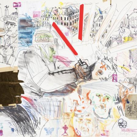 Na   środku   niewyraźna   postać   w   hełmie   bije   pałką   osobę   o   przerażonym wyrazie   twarzy.     Po   lewo   postacie   rozmawiają   ze   sobą,   jedna   wskazuje palcem na serce drugiej. W tle są pomniki z gwiazdami i flagami.