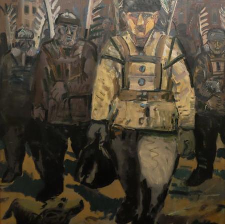 Czterech   żołnierzy   ze   skrzydłami   husarii   idzie   ulicą.   Z   dołu   spogląda   na nich zwierzę, prawdopodobnie pies