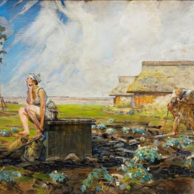 Obraz przedstawia młodą kobietę siedzącą na studni, do której zbliża się starzec. W otoczeniu pejzaż z błękitnym niebem po lewej stronie i domem po prawej. 