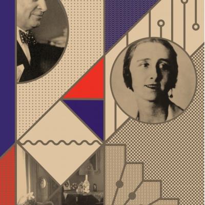 Grafika ukazująca fragmenty czarno-białych zdjęć, kobiety, mężczyzny, wnętrza pokoju oraz trójkątów w kolorze czerwonym i fioletowym