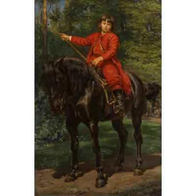 Obraz przedsatwia chłopca na koniu wśród zielonych drzew.