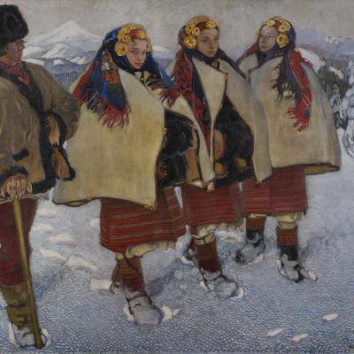 Obraz przedstawia obok siebie idących mężczyznę i cztery kobiety na tle zimowego krajobrazu.