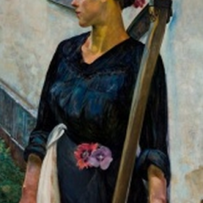 Fragment obrazu Jacka Malczewskiego przedstawiający kobietę w ciemnej sukni z kosą u boku.