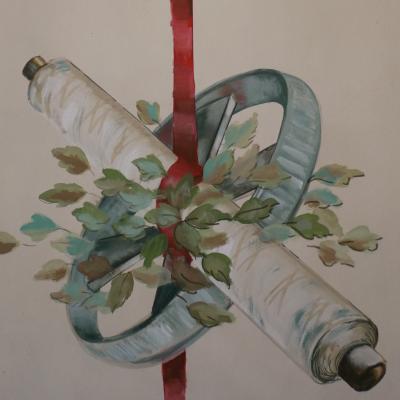 zdjęcie przedstawia namalowaną szpulę białych nici, koło i zielone liście
